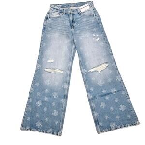 Blue Baggy Ripped Rose Print Low Rise Wide Leg Jeans Juniors 11